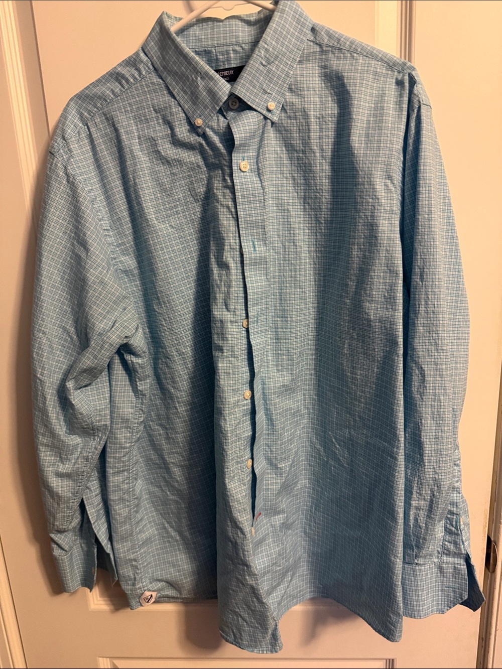 Cremieux Classics Long Sleeve Button Down Aqua Teal Micro Plaid Shield Logo Size